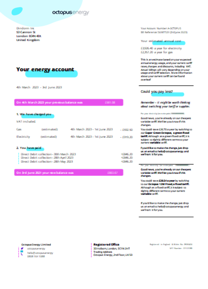 Octopus Energy utility business bill SCR page 1 PSD template